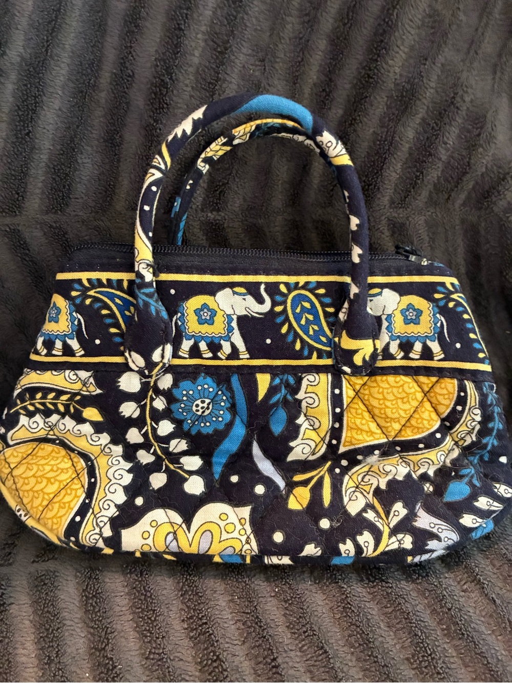 Retired Ellie Blue Quilted Floral Elephant Small Purse in Navy, Yellow & Blue